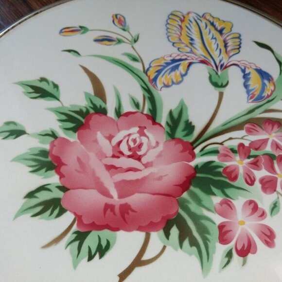 Vintage Cake Plate Platter Round Floral Porcelain Ceramic Tray with Handles - Picture 4 of 11